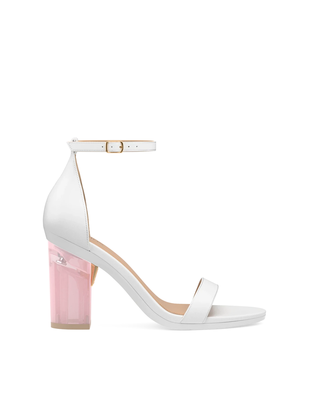 Block Heel Kit 4 Pink Tint Transparent shown on the Pashionista White Leather upper. Pashion convertible heels go from heel to flat and are customizable with interchangeable heel kits.