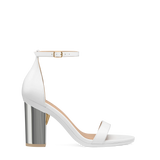 Block Heel Kit 4 Silver Metallic shown on the Pashionista White Leather upper. Pashion convertible heels go from heel to flat and are customizable with interchangeable heel kits.