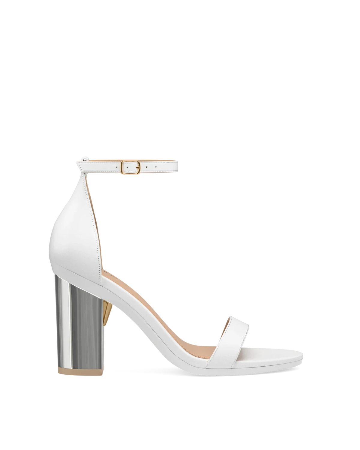 Block Heel Kit 4 Silver Metallic shown on the Pashionista White Leather upper. Pashion convertible heels go from heel to flat and are customizable with interchangeable heel kits.