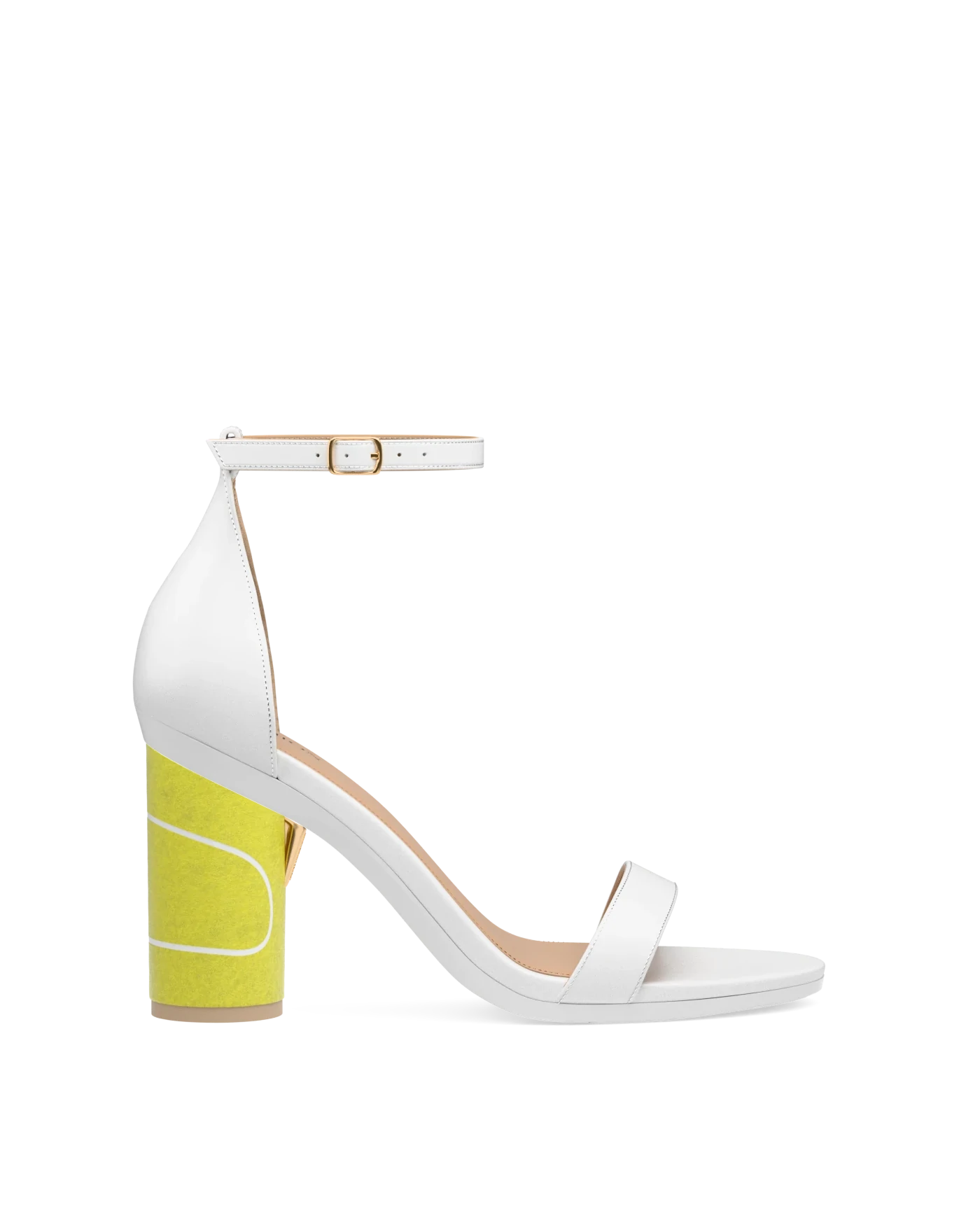 Cylinder Block Heel Kit 4 Tennis Ball shown on the Pashionista White Leather upper. Pashion convertible heels go from heel to flat and are customizable with interchangeable heel kits.