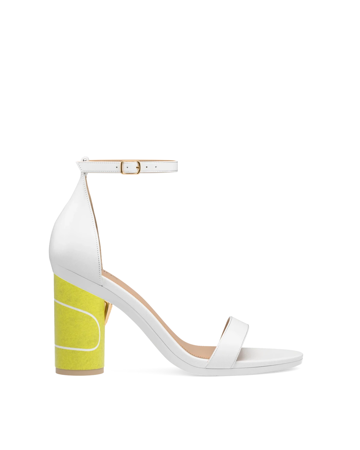 Cylinder Block Heel Kit 4 Tennis Ball shown on the Pashionista White Leather upper. Pashion convertible heels go from heel to flat and are customizable with interchangeable heel kits.