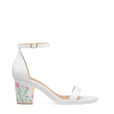 Block Heel Kit 3 White Daisy Embroidery shown on the Pashionista White Leather upper. Pashion convertible heels go from heel to flat and are customizable with interchangeable heel kits.