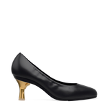 Flare Stiletto Heel Kit 3 Gold Metallic shown on the Phoebe Coal Nappa Leather upper. Pashion convertible heels go from heel to flat and are customizable with interchangeable heel kits.