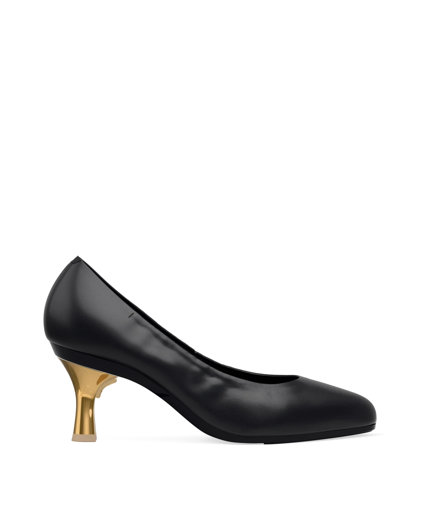 Flare Stiletto Heel Kit 3 Gold Metallic shown on the Phoebe Coal Nappa Leather upper. Pashion convertible heels go from heel to flat and are customizable with interchangeable heel kits.