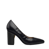 Block Heel Kit 4 Coal Black Rhinestone shown on the Pump Coal Nappa Leather upper. Pashion convertible heels go from heel to flat and are customizable with interchangeable heel kits.