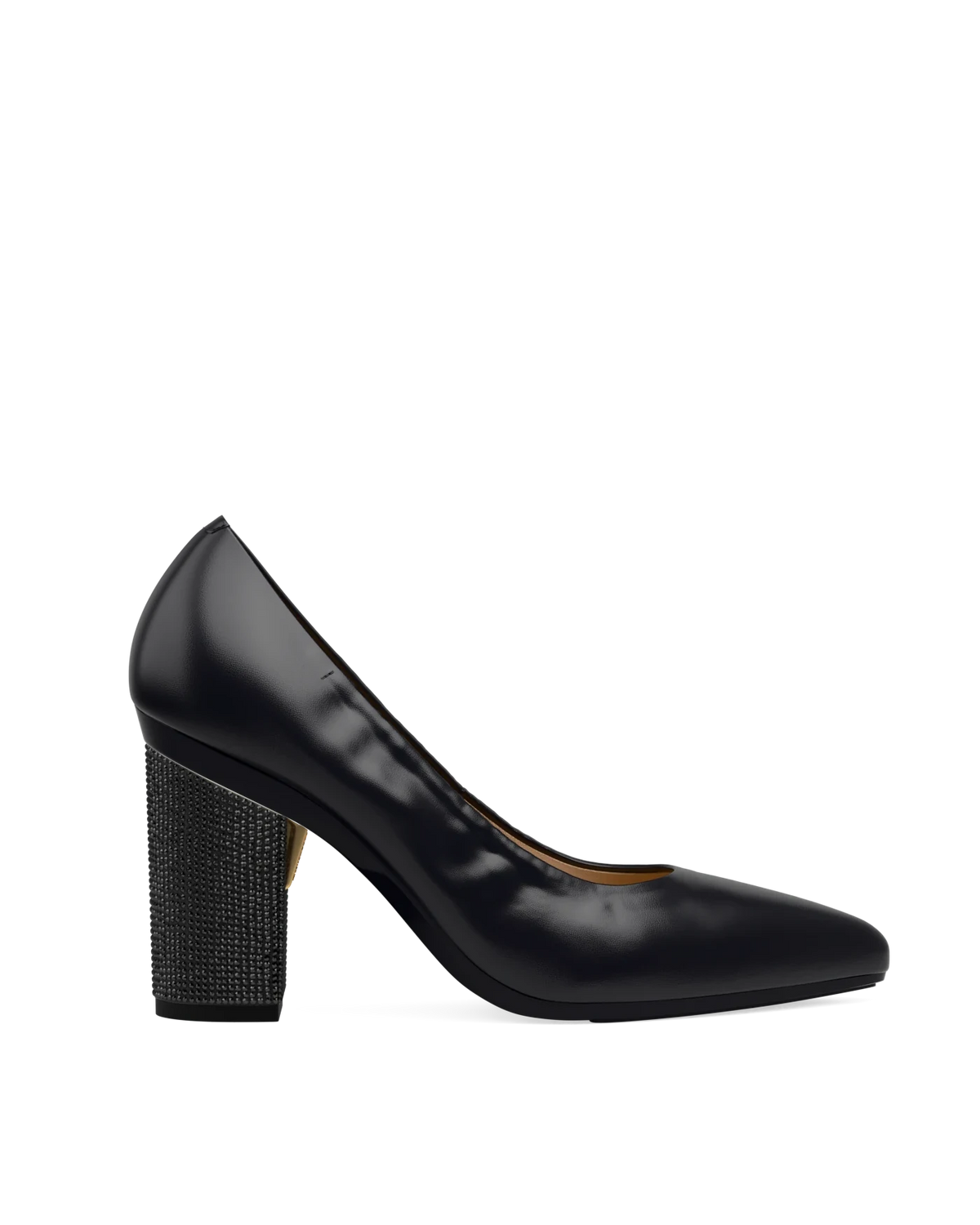 Block Heel Kit 4 Coal Black Rhinestone shown on the Pump Coal Nappa Leather upper. Pashion convertible heels go from heel to flat and are customizable with interchangeable heel kits.