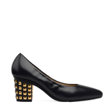 Block Heel Kit 3 Gold Stud shown on the Pump Coal Nappa Leather upper. Pashion convertible heels go from heel to flat and are customizable with interchangeable heel kits.