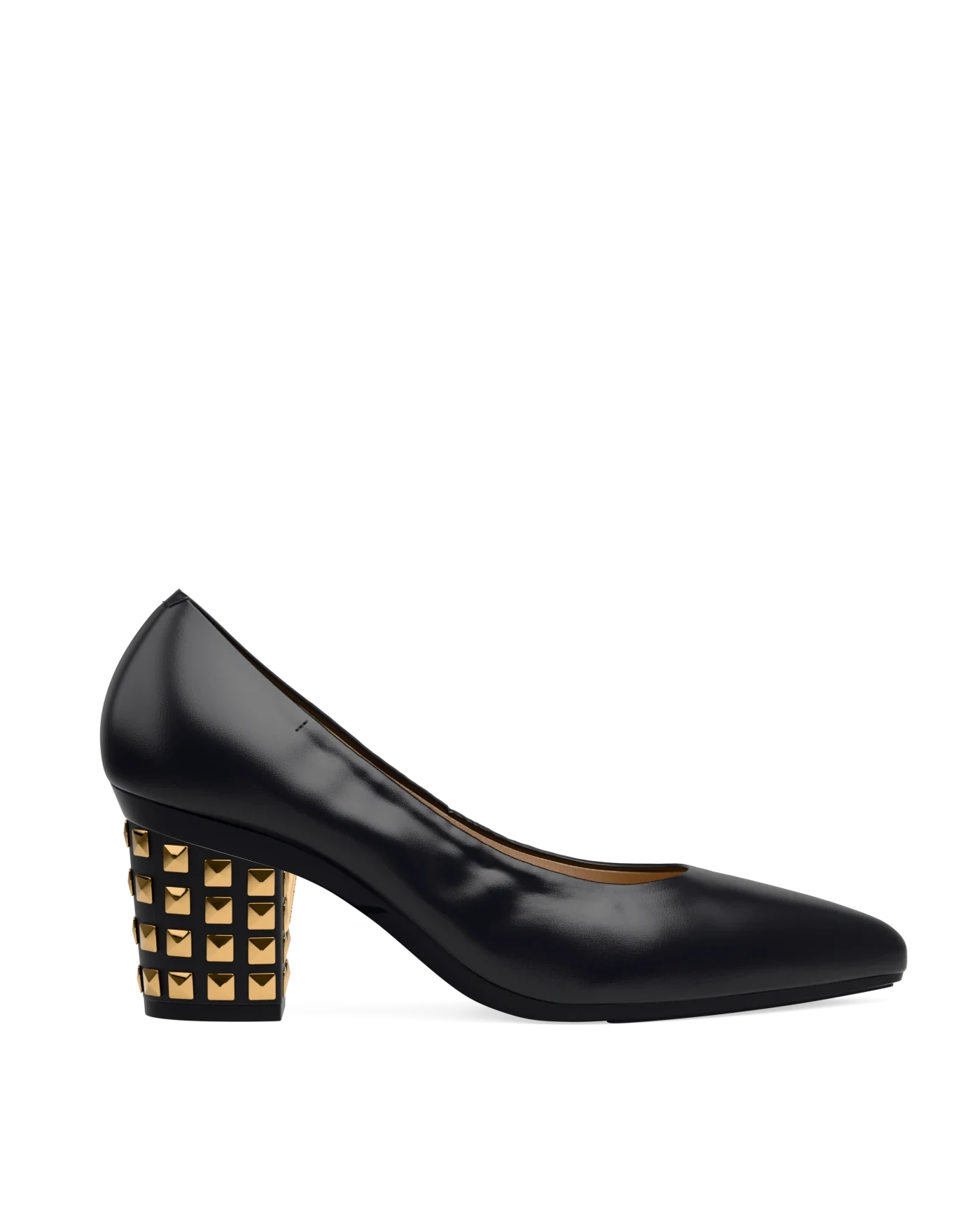 Block Heel Kit 3 Gold Stud shown on the Pump Coal Nappa Leather upper. Pashion convertible heels go from heel to flat and are customizable with interchangeable heel kits.