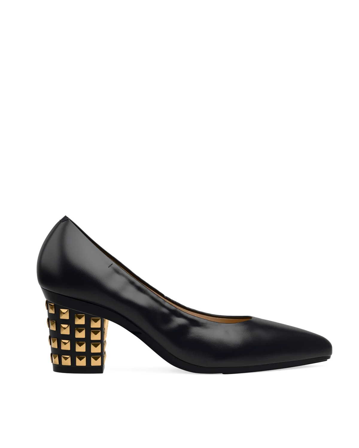 Block Heel Kit 3 Gold Stud shown on the Pump Coal Nappa Leather upper. Pashion convertible heels go from heel to flat and are customizable with interchangeable heel kits.