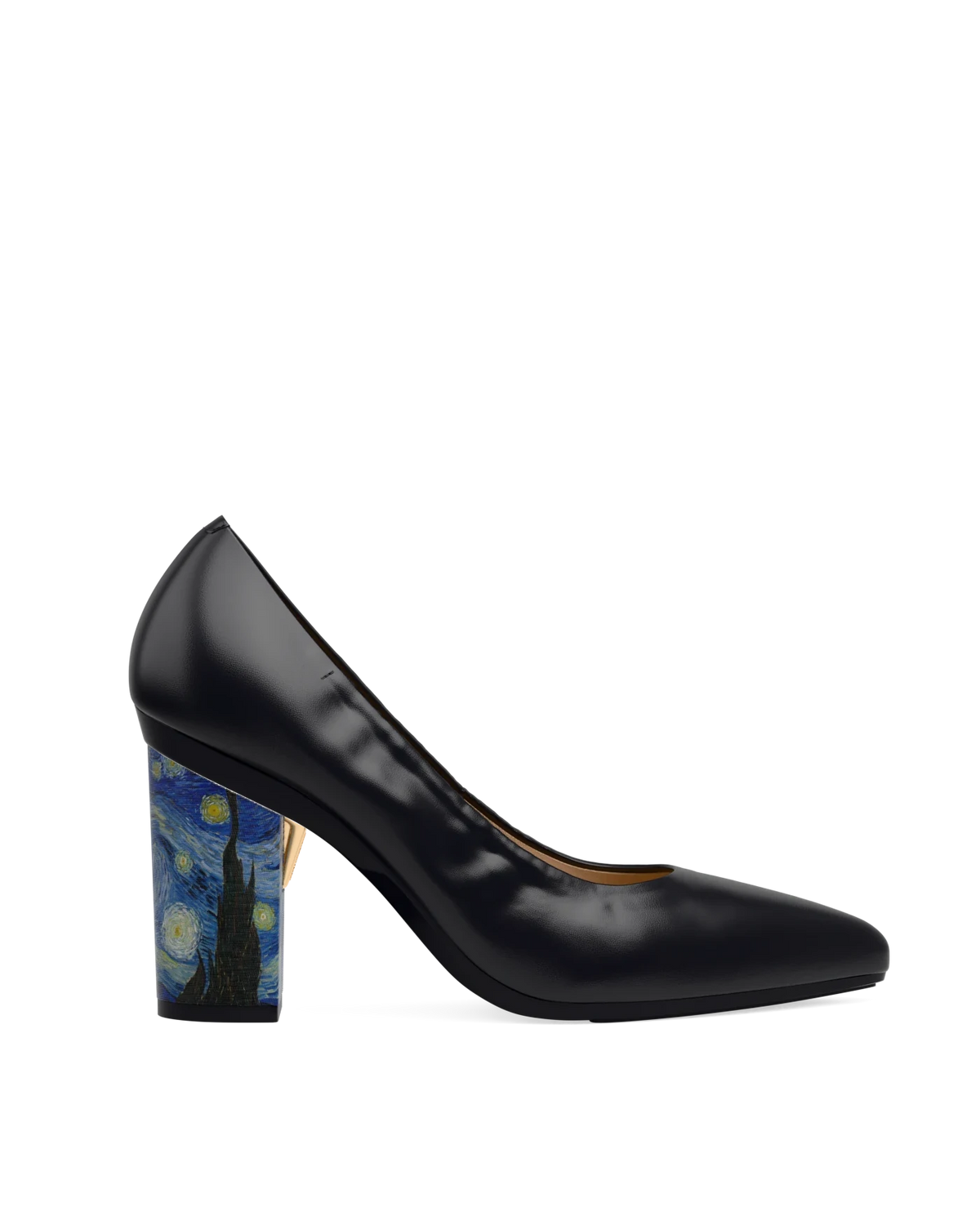 Block Heel Kit 4 Van Gogh Print shown on the Pump Coal Nappa Leather upper. Pashion convertible heels go from heel to flat and are customizable with interchangeable heel kits.