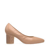 Cylinder Block Heel Kit 3 Latte Pashion Monogram Embroidery shown on the Pump Latte Nappa Leather upper. Pashion convertible heels go from heel to flat and are customizable with interchangeable heel kits.