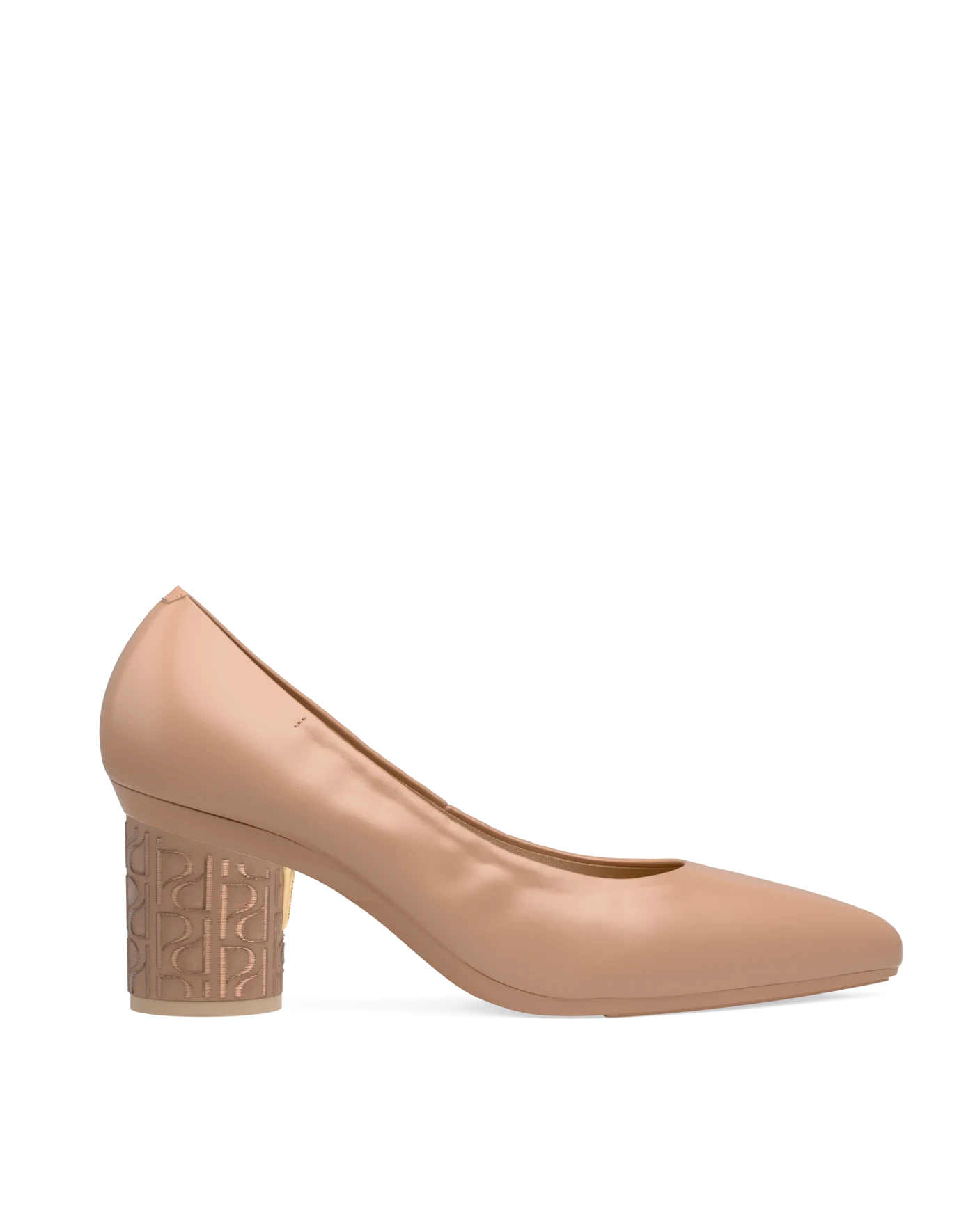 Cylinder Block Heel Kit 3 Latte Pashion Monogram Embroidery shown on the Pump Latte Nappa Leather upper. Pashion convertible heels go from heel to flat and are customizable with interchangeable heel kits.