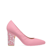 Block Heel Kit 4 Pink Floral Embroidery shown on the Pump Pink Nappa Leather upper. Pashion convertible heels go from heel to flat and are customizable with interchangeable heel kits.