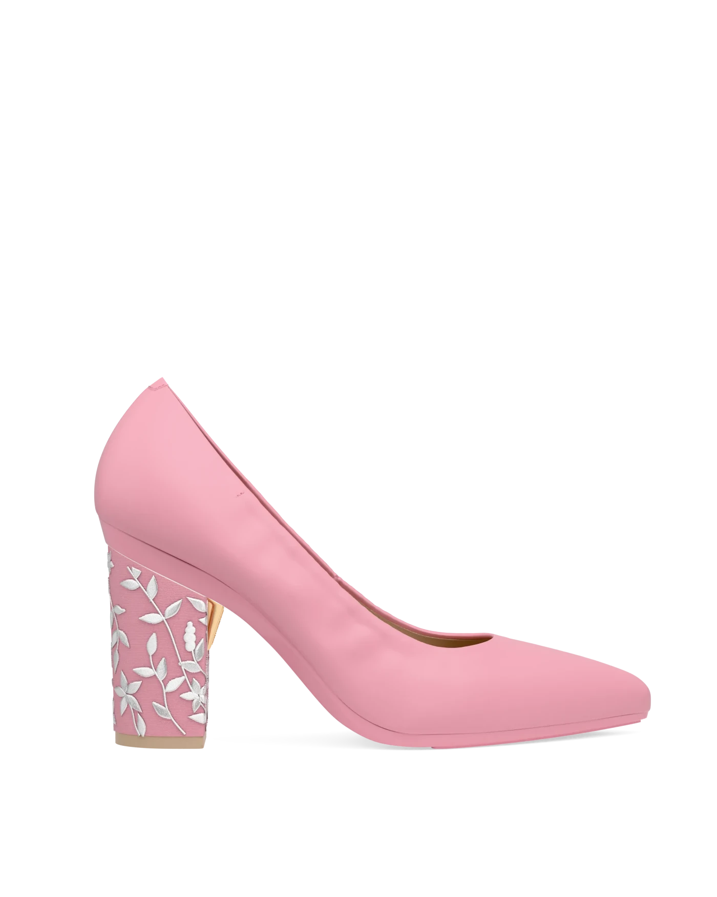 Block Heel Kit 4 Pink Floral Embroidery shown on the Pump Pink Nappa Leather upper. Pashion convertible heels go from heel to flat and are customizable with interchangeable heel kits.