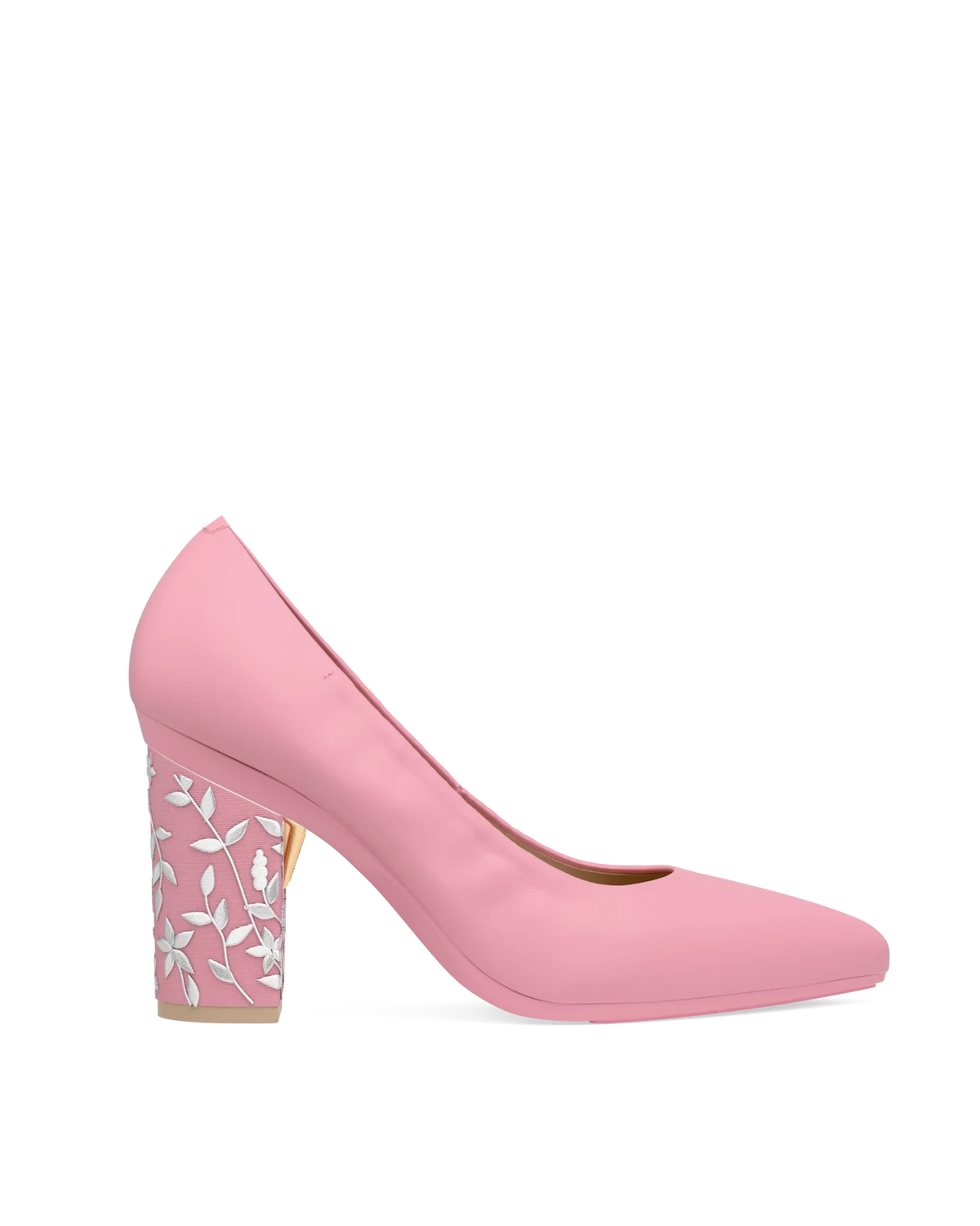 Block Heel Kit 4 Pink Floral Embroidery shown on the Pump Pink Nappa Leather upper. Pashion convertible heels go from heel to flat and are customizable with interchangeable heel kits.