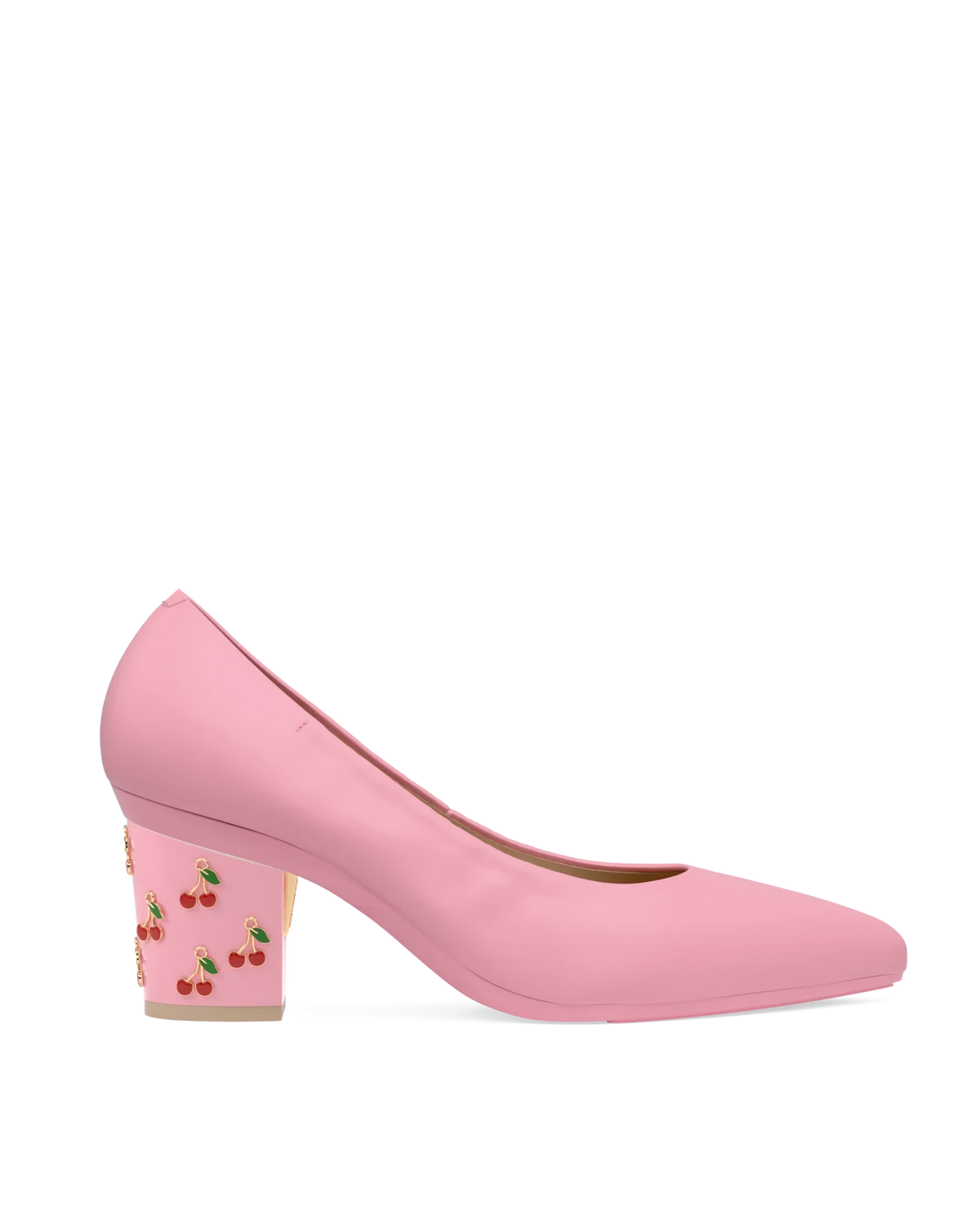 Block Heel Kit 3 Pink Cherry Charm shown on the Pump Pink Nappa Leather upper. Pashion convertible heels go from heel to flat and are customizable with interchangeable heel kits.