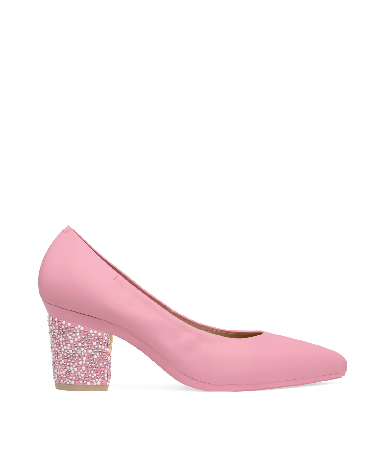 Block Heel Kit 3 Pink Pearl & Rhinestone shown on the Pump Pink Nappa Leather upper. Pashion convertible heels go from heel to flat and are customizable with interchangeable heel kits.