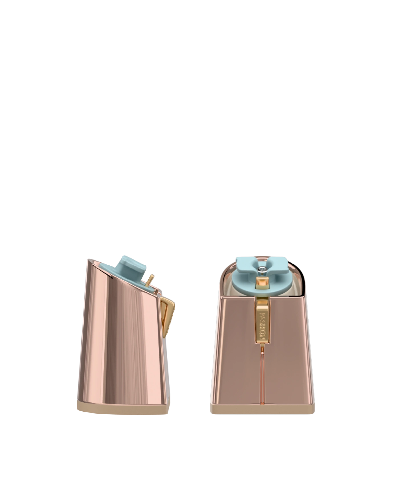 Flare Block Heel Kit 4 Rose Gold Metallic, 4-inch interchangeable flare block heel, side view. Pashion convertible heels go from heel to flat and are customizable with interchangeable heel kits.