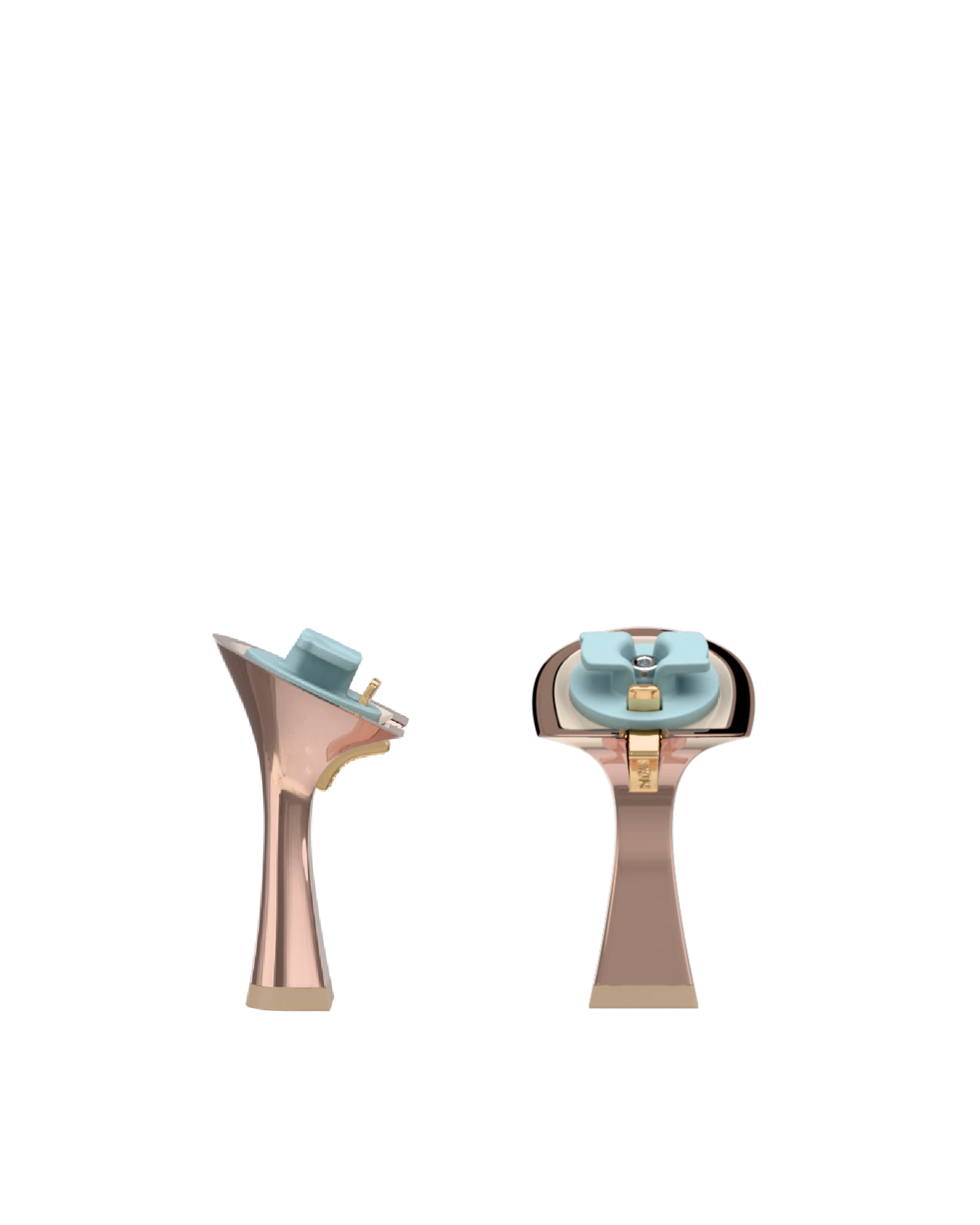 Flare Stiletto Heel Kit 4 Rose Gold Metallic, 4-inch interchangeable flare stiletto heel, side view. Pashion convertible heels go from heel to flat and are customizable with interchangeable heel kits.