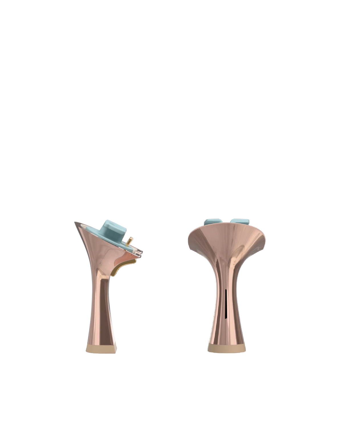 Flare Stiletto Heel Kit 4 Rose Gold Metallic, back view. Pashion convertible heels go from heel to flat and are customizable with interchangeable heel kits.