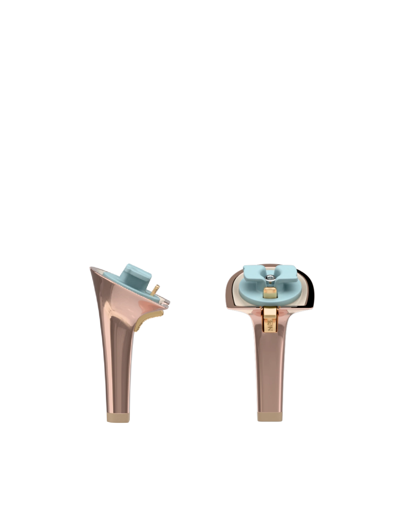 Stiletto Heel Kit 4 Rose Gold Metallic, 4-inch interchangeable stiletto heel, side view. Pashion convertible heels go from heel to flat and are customizable with interchangeable heel kits.
