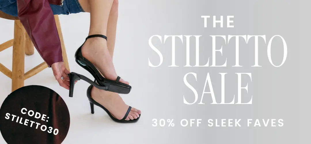 Promotional banner for stiletto sale with text and images of convertible high heels.