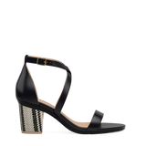 Block Heel Kit 3 Black & White Raffia shown on the Sandal Coal Leather upper. Pashion convertible heels go from heel to flat and are customizable with interchangeable heel kits.