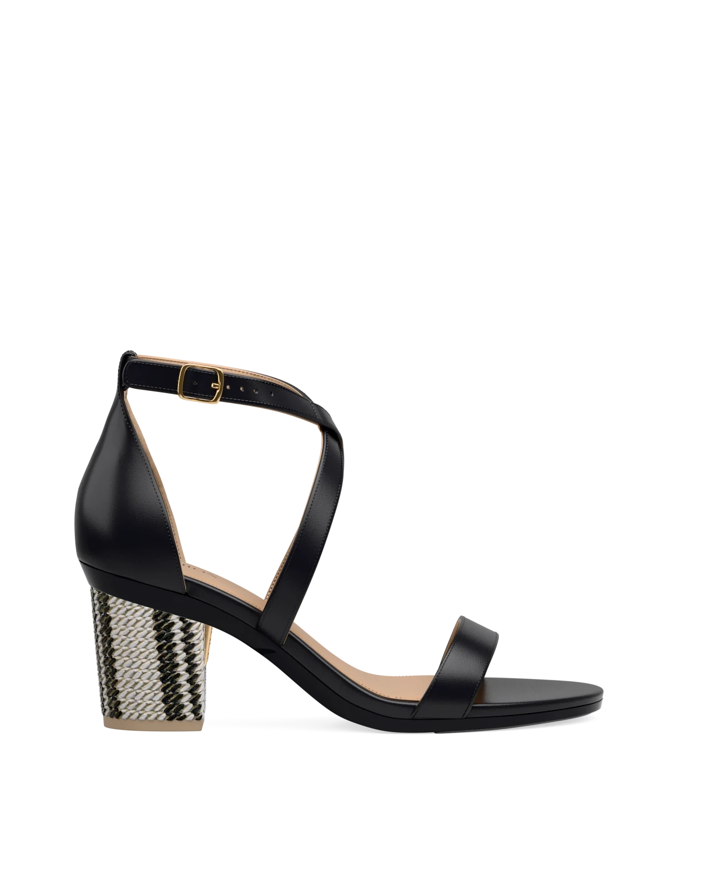 Block Heel Kit 3 Black & White Raffia shown on the Sandal Coal Leather upper. Pashion convertible heels go from heel to flat and are customizable with interchangeable heel kits.