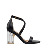 Cylinder Block Heel Kit 4 Transparent shown on the Sandal Coal Leather upper. Pashion convertible heels go from heel to flat and are customizable with interchangeable heel kits.