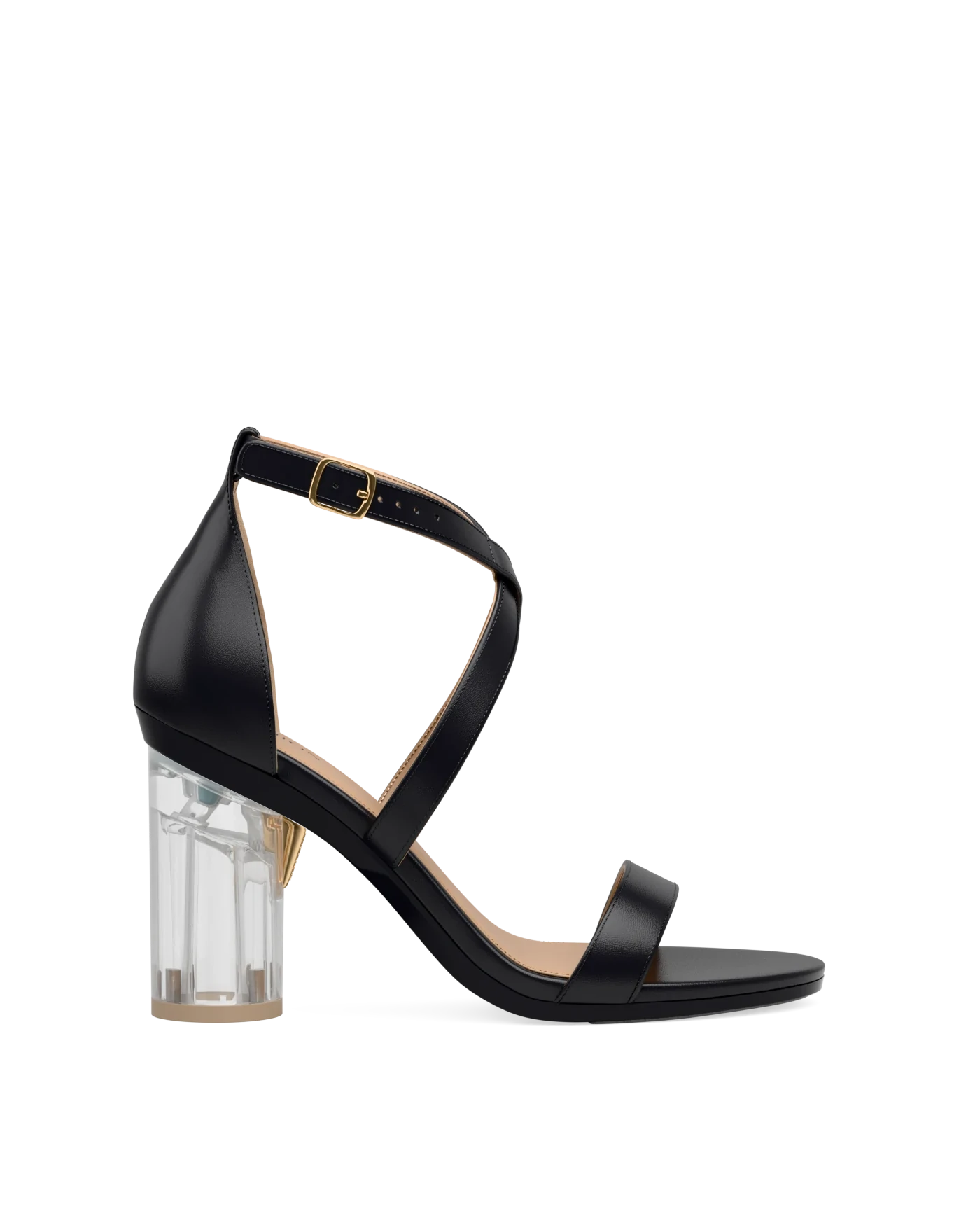 Cylinder Block Heel Kit 4 Transparent shown on the Sandal Coal Leather upper. Pashion convertible heels go from heel to flat and are customizable with interchangeable heel kits.