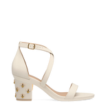 Block Heel Kit 3 Bee Charm shown on the Sandal Ivory Leather upper. Pashion convertible heels go from heel to flat and are customizable with interchangeable heel kits.