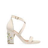Block Heel Kit 4 Off White Pear Charm shown on the Sandal Ivory Leather upper. Pashion convertible heels go from heel to flat and are customizable with interchangeable heel kits.
