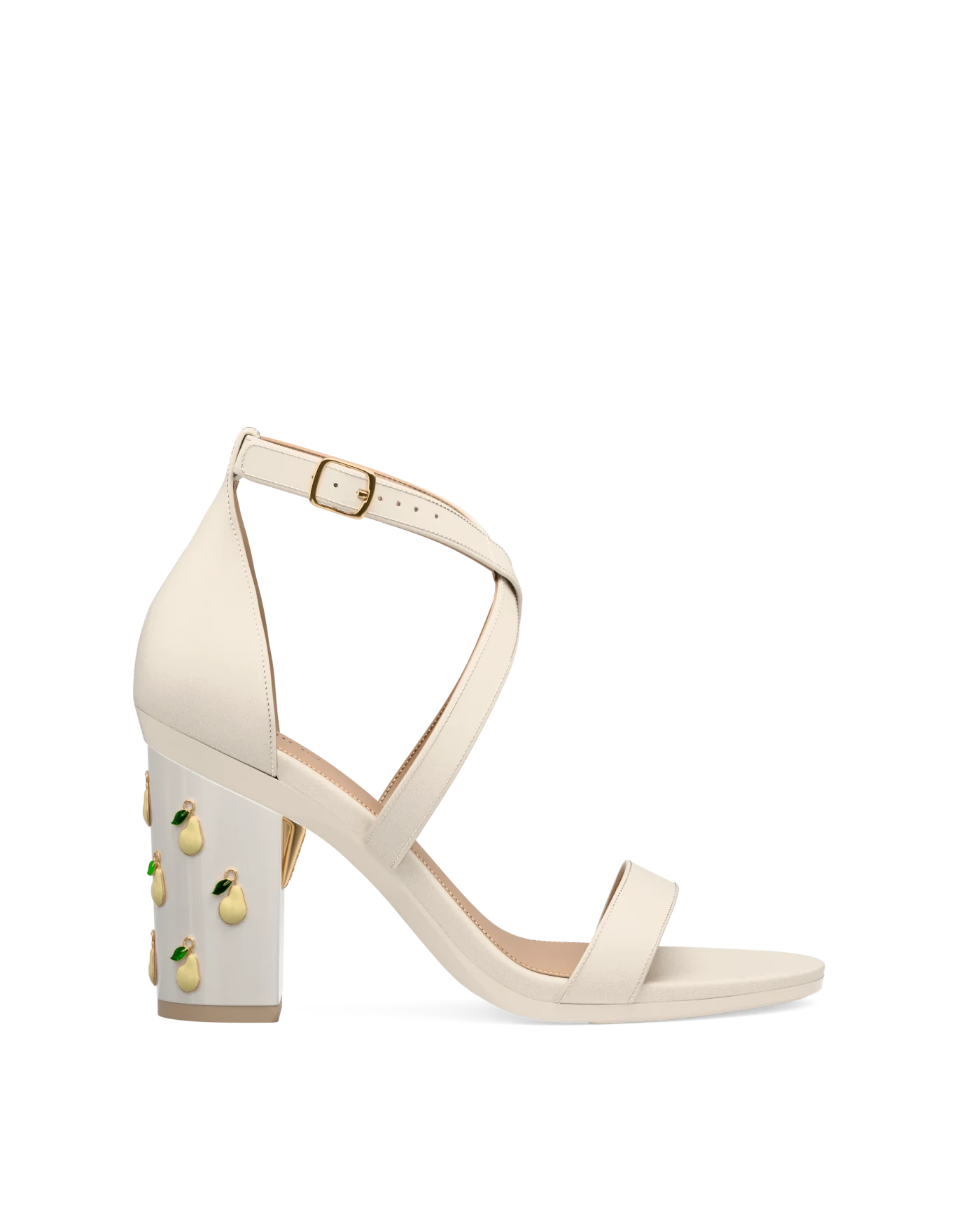Block Heel Kit 4 Off White Pear Charm shown on the Sandal Ivory Leather upper. Pashion convertible heels go from heel to flat and are customizable with interchangeable heel kits.