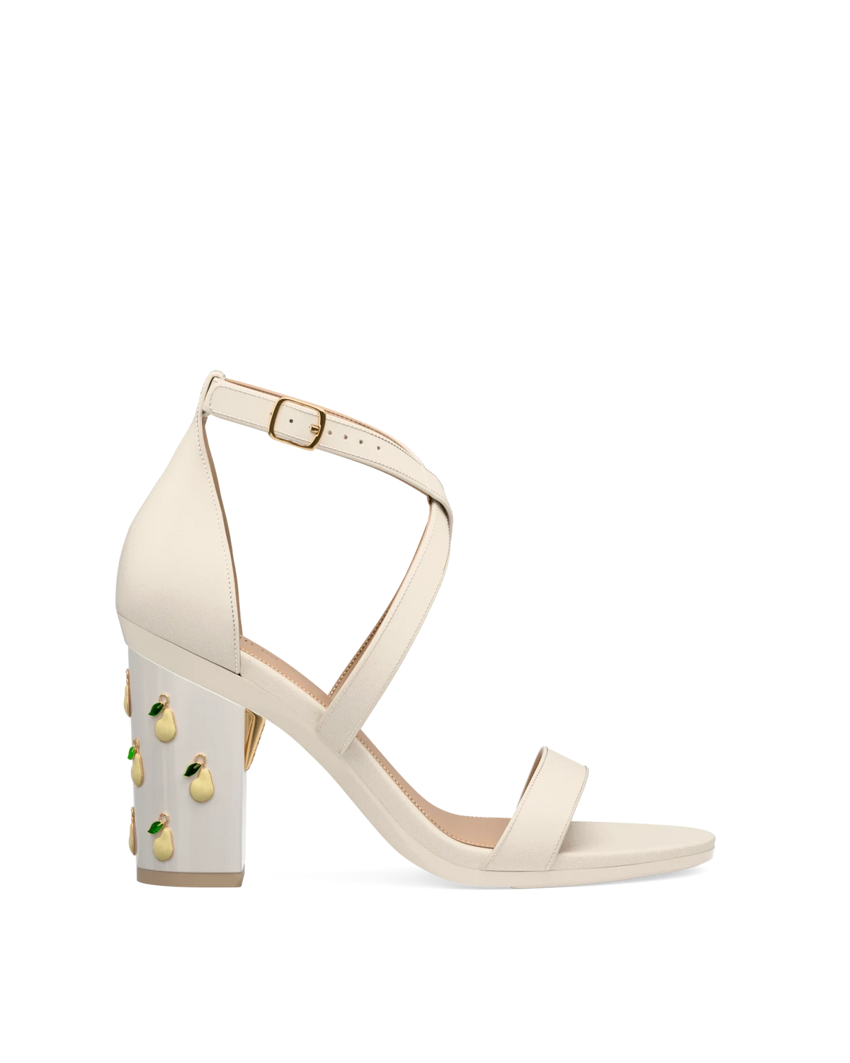 Block Heel Kit 4 Off White Pear Charm shown on the Sandal Ivory Leather upper. Pashion convertible heels go from heel to flat and are customizable with interchangeable heel kits.