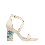 Block Heel Kit 4 Matisse Print shown on the Sandal Ivory Leather upper. Pashion convertible heels go from heel to flat and are customizable with interchangeable heel kits.