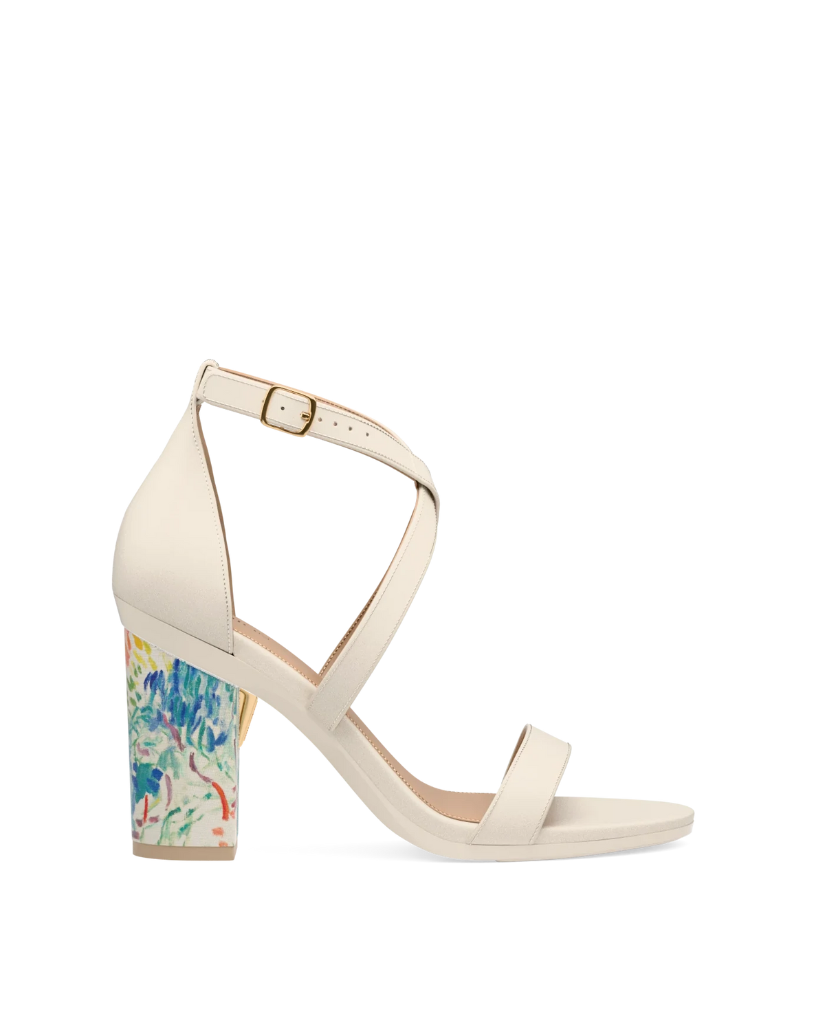 Block Heel Kit 4 Matisse Print shown on the Sandal Ivory Leather upper. Pashion convertible heels go from heel to flat and are customizable with interchangeable heel kits.