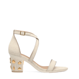 Block Heel Kit 3 Linen Gold Seashell Charm shown on the Sandal Ivory Linen upper. Pashion convertible heels go from heel to flat and are customizable with interchangeable heel kits.