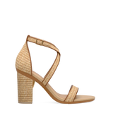 Block Heel Kit 4 Rattan shown on the Sandal Rattan & Whiskey upper. Pashion convertible heels go from heel to flat and are customizable with interchangeable heel kits.
