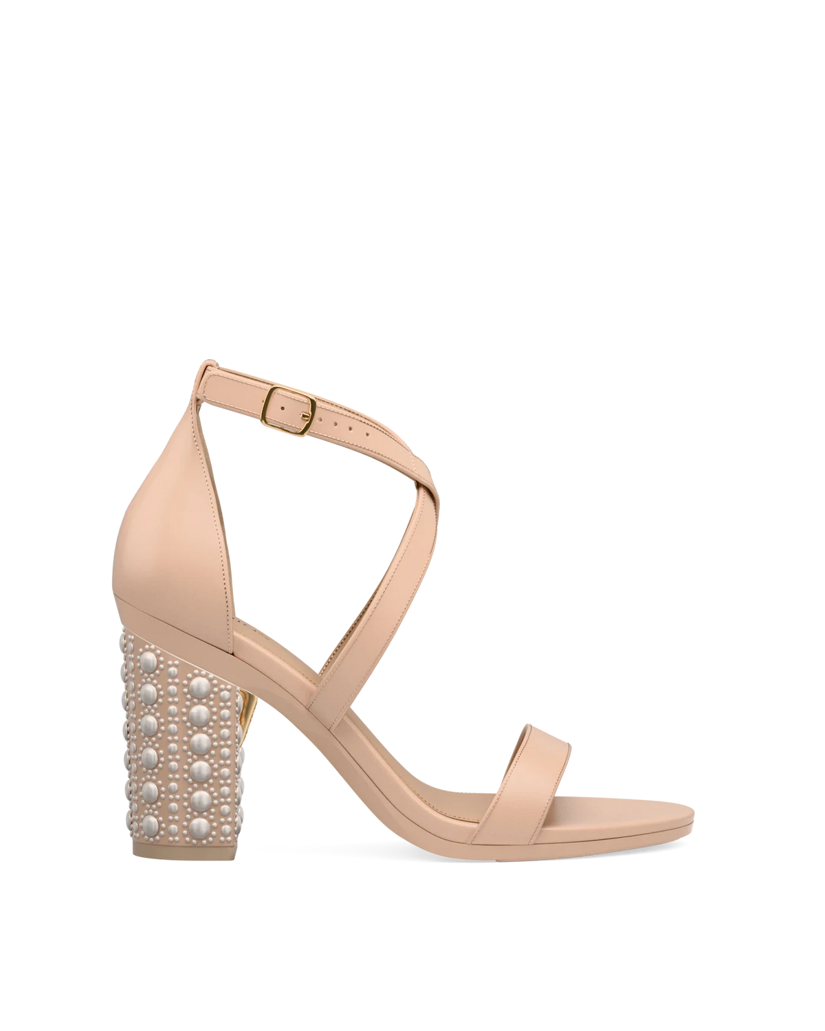 Block Heel Kit 4 Sand Satin Pearl shown on the Sandal Sand Leather upper. Pashion convertible heels go from heel to flat and are customizable with interchangeable heel kits.