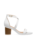 Cylinder Block Heel Kit 3 Light Wood shown on the Sandal White Leather upper. Pashion convertible heels go from heel to flat and are customizable with interchangeable heel kits.