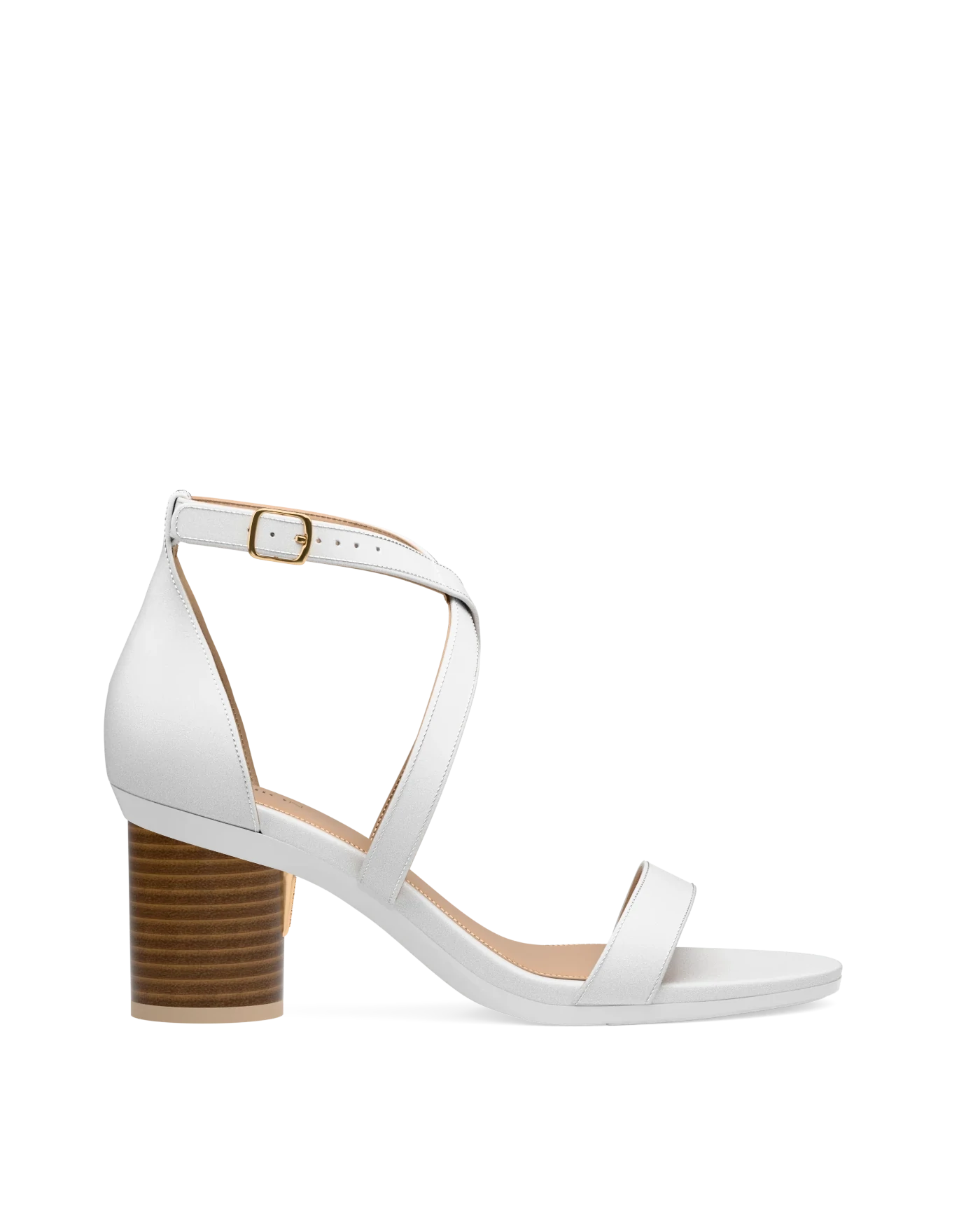 Cylinder Block Heel Kit 3 Light Wood shown on the Sandal White Leather upper. Pashion convertible heels go from heel to flat and are customizable with interchangeable heel kits.