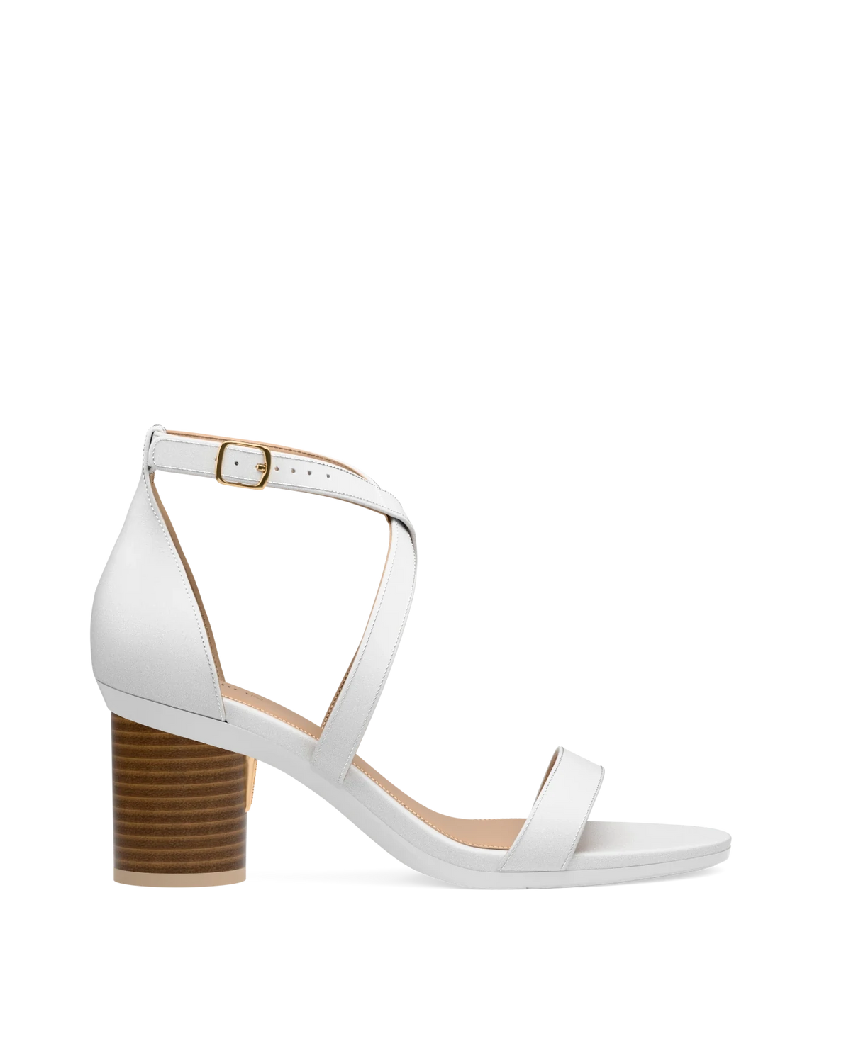 Cylinder Block Heel Kit 3 Light Wood shown on the Sandal White Leather upper. Pashion convertible heels go from heel to flat and are customizable with interchangeable heel kits.