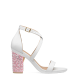Block Heel Kit 4 Pink Pearl & Rhinestone shown on the Sandal White Leather upper. Pashion convertible heels go from heel to flat and are customizable with interchangeable heel kits.