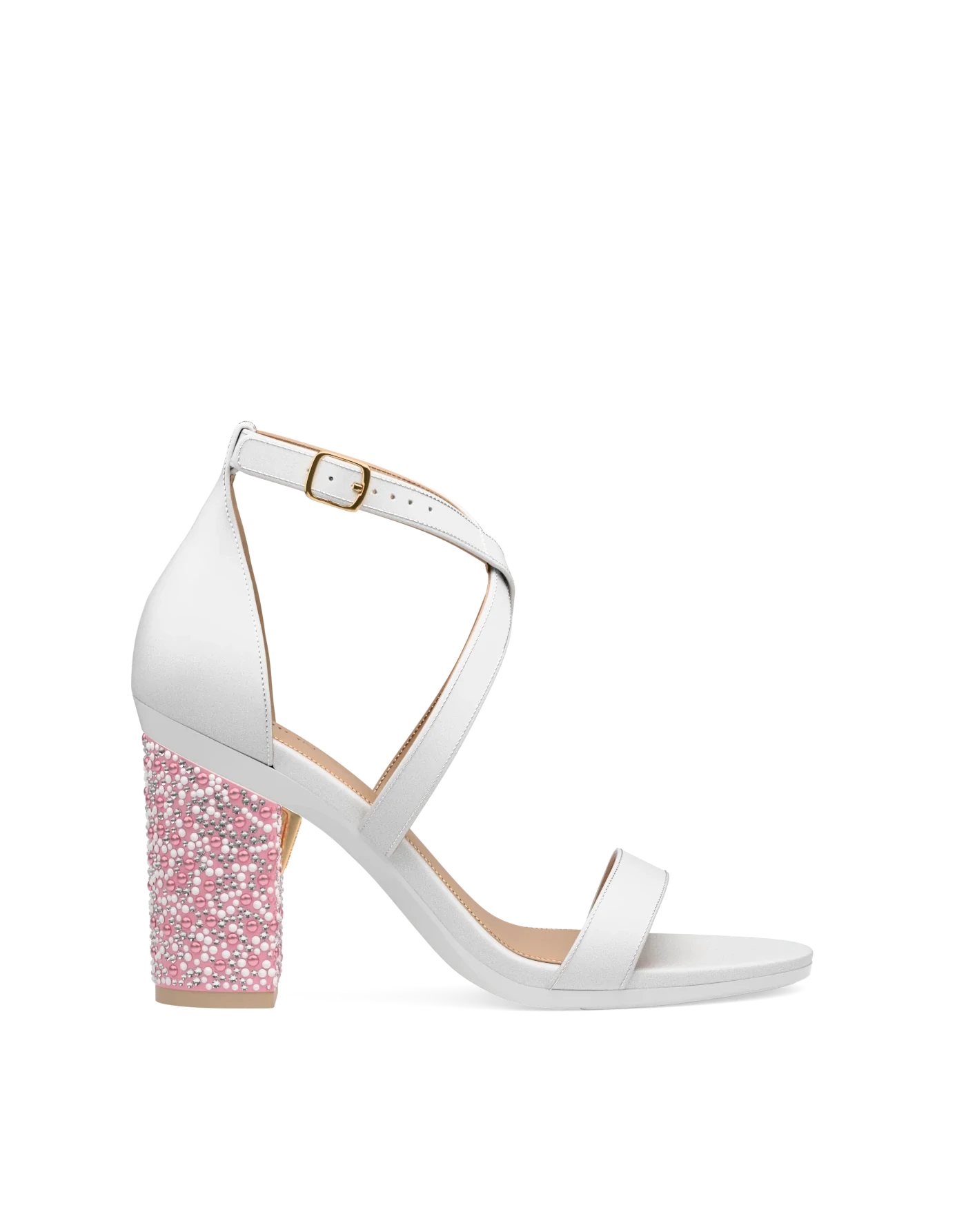 Block Heel Kit 4 Pink Pearl & Rhinestone shown on the Sandal White Leather upper. Pashion convertible heels go from heel to flat and are customizable with interchangeable heel kits.