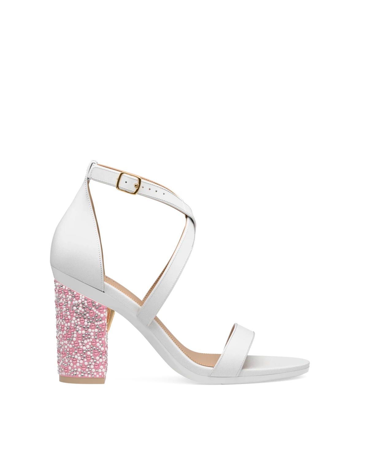 Block Heel Kit 4 Pink Pearl & Rhinestone shown on the Sandal White Leather upper. Pashion convertible heels go from heel to flat and are customizable with interchangeable heel kits.