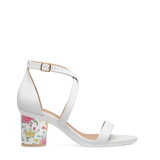 Cylinder Block Heel Kit 3 White Porcelain shown on the Sandal White Leather upper. Pashion convertible heels go from heel to flat and are customizable with interchangeable heel kits.