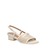 ivory, open toe mule sandal with mesh detail and adjustable strap with a block heel