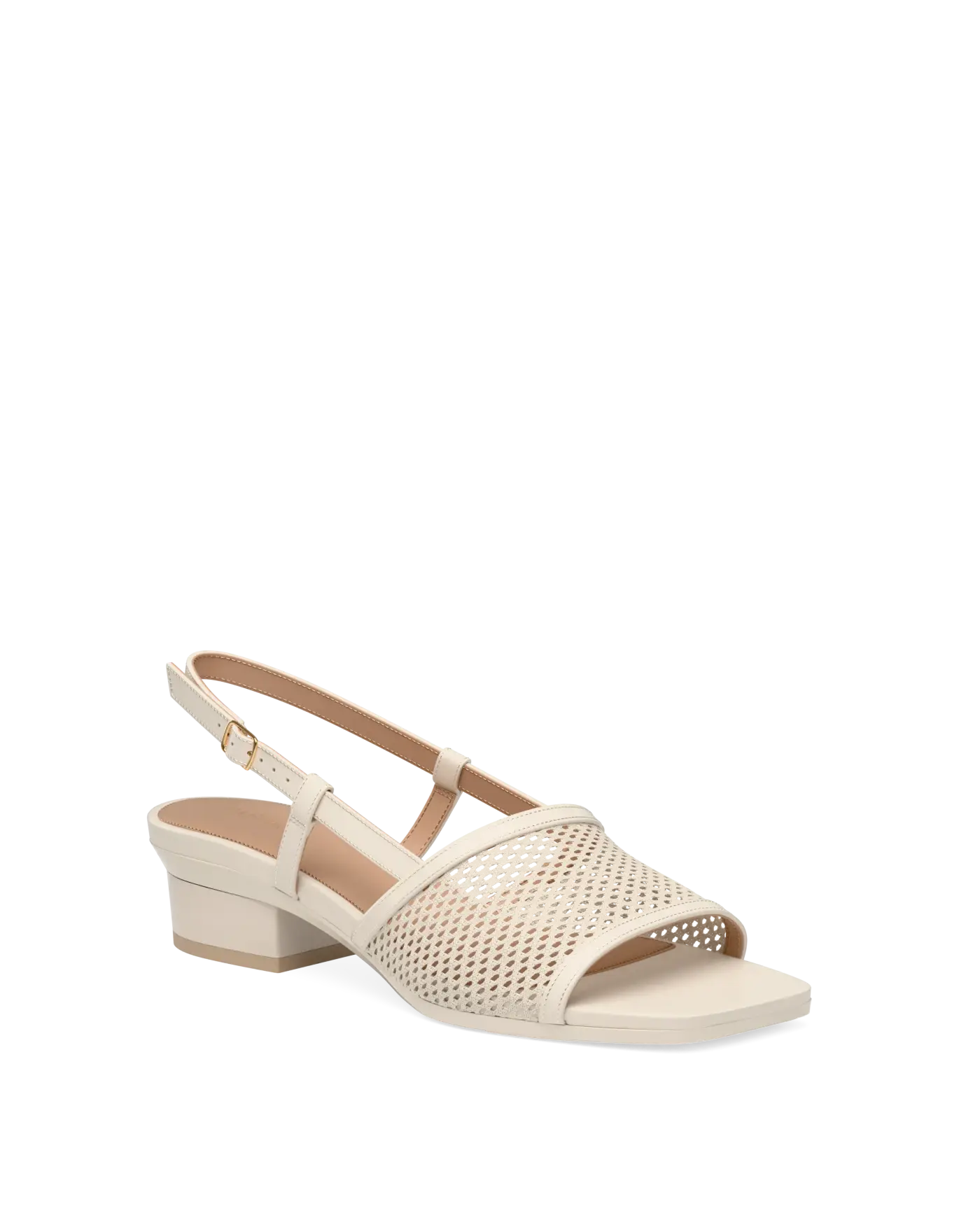ivory, open toe mule sandal with mesh detail and adjustable strap with a block heel