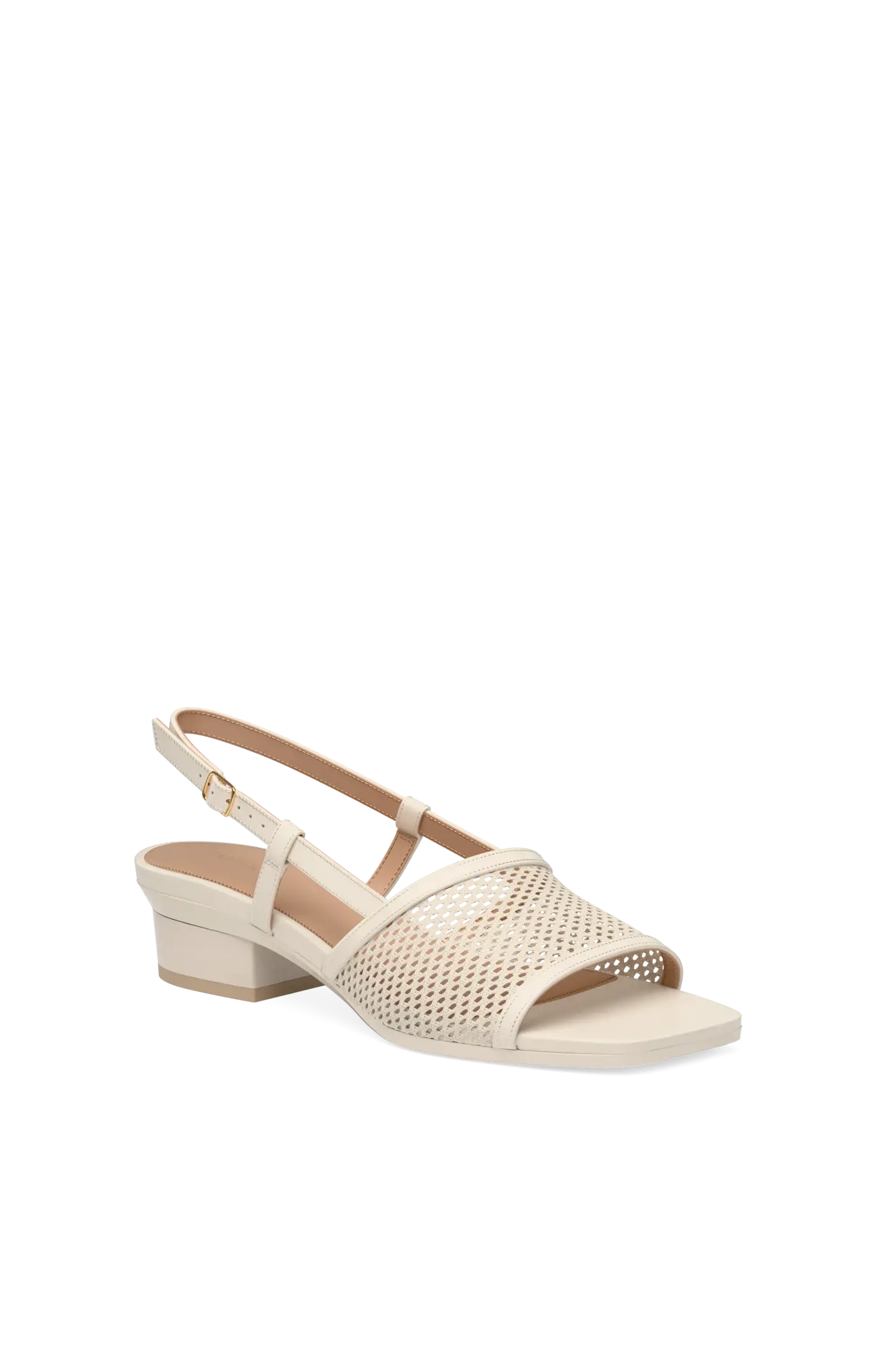 ivory, open toe mule sandal with mesh detail and adjustable strap with a block heel