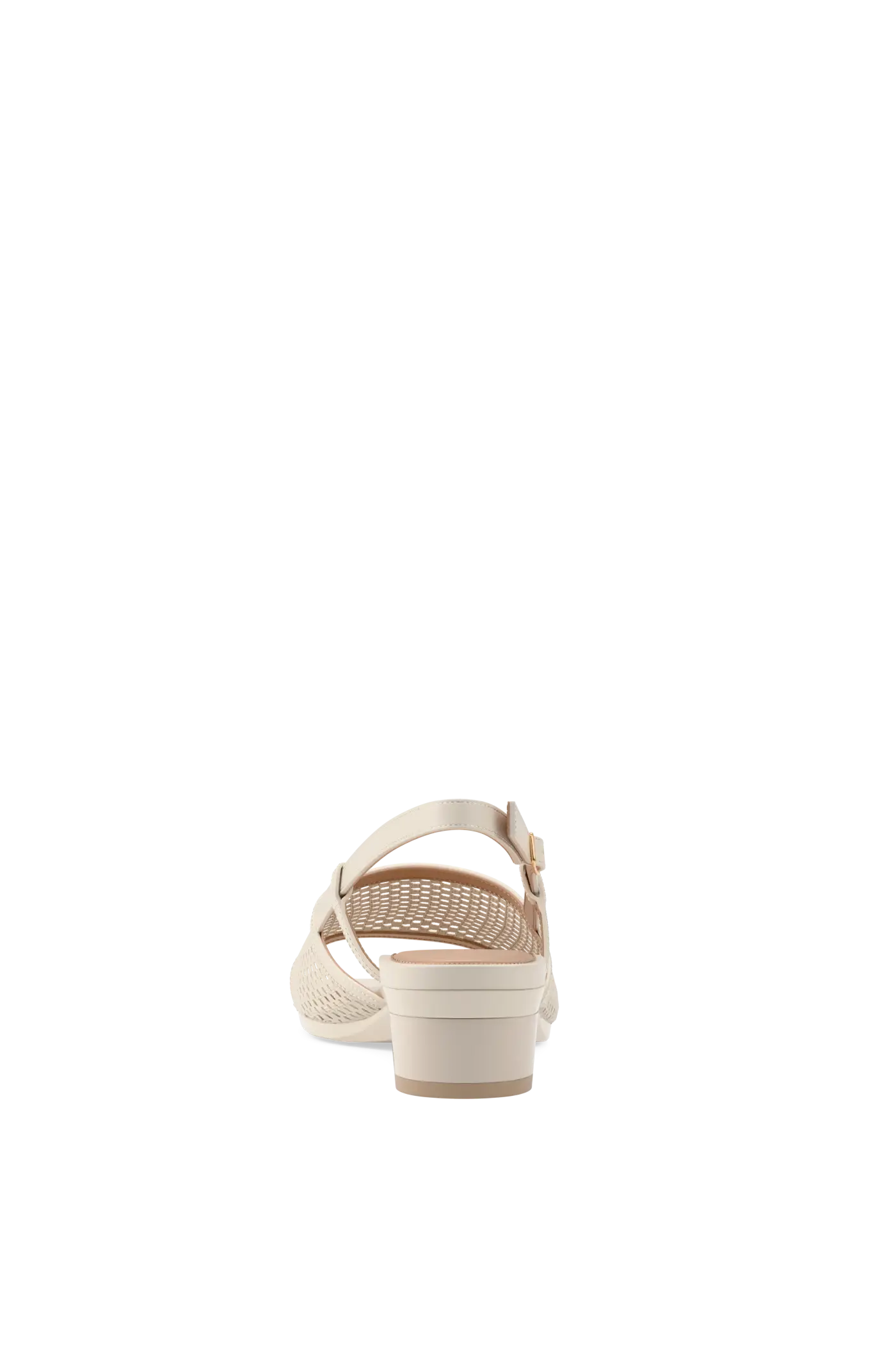ivory, open toe mule sandal with mesh detail and adjustable strap with a block heel